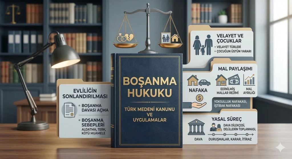 Boşanma hukuku rehberi: dava süreci ve tarafların haklarını anlatan bilgilendirme görseli