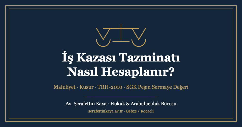 İş kazası tazminatı hesaplama rehberi kapak görseli — terazi simgesi, lacivert zemin