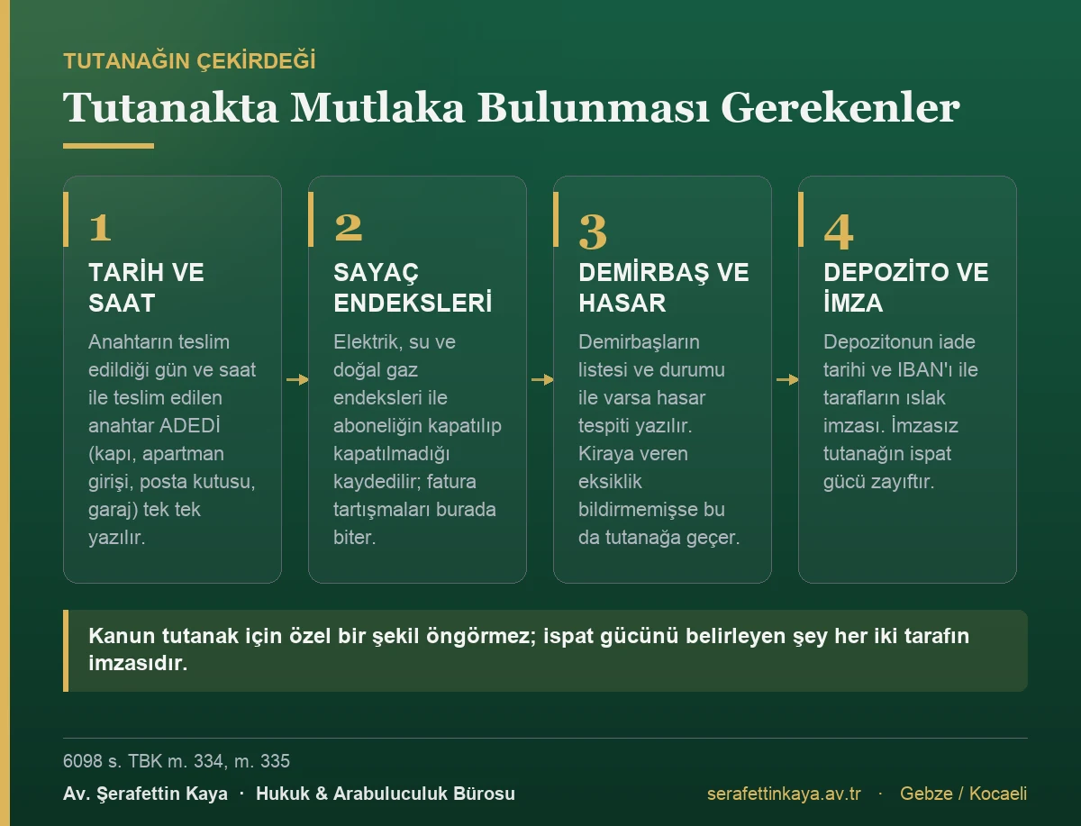 Anahtar teslim tutanağında bulunması gereken tarih, sayaç, demirbaş ve depozito kayıtlarını gösteren kart görseli.