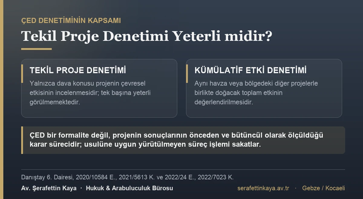 ÇED denetiminde yalnızca tekil projenin etkisini incelemek yeterli değildir; aynı havza veya bölgedeki diğer projelerle birlikte doğacak kümülatif etkinin de değerlendirilmesi gerekir.