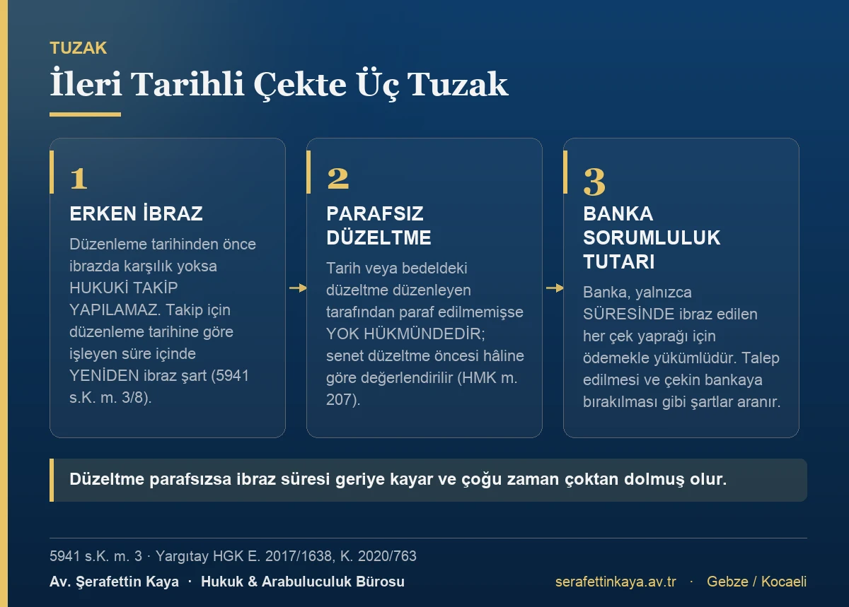 İleri tarihli çekte karşılaşılan üç tuzağı gösteren kart görseli.
