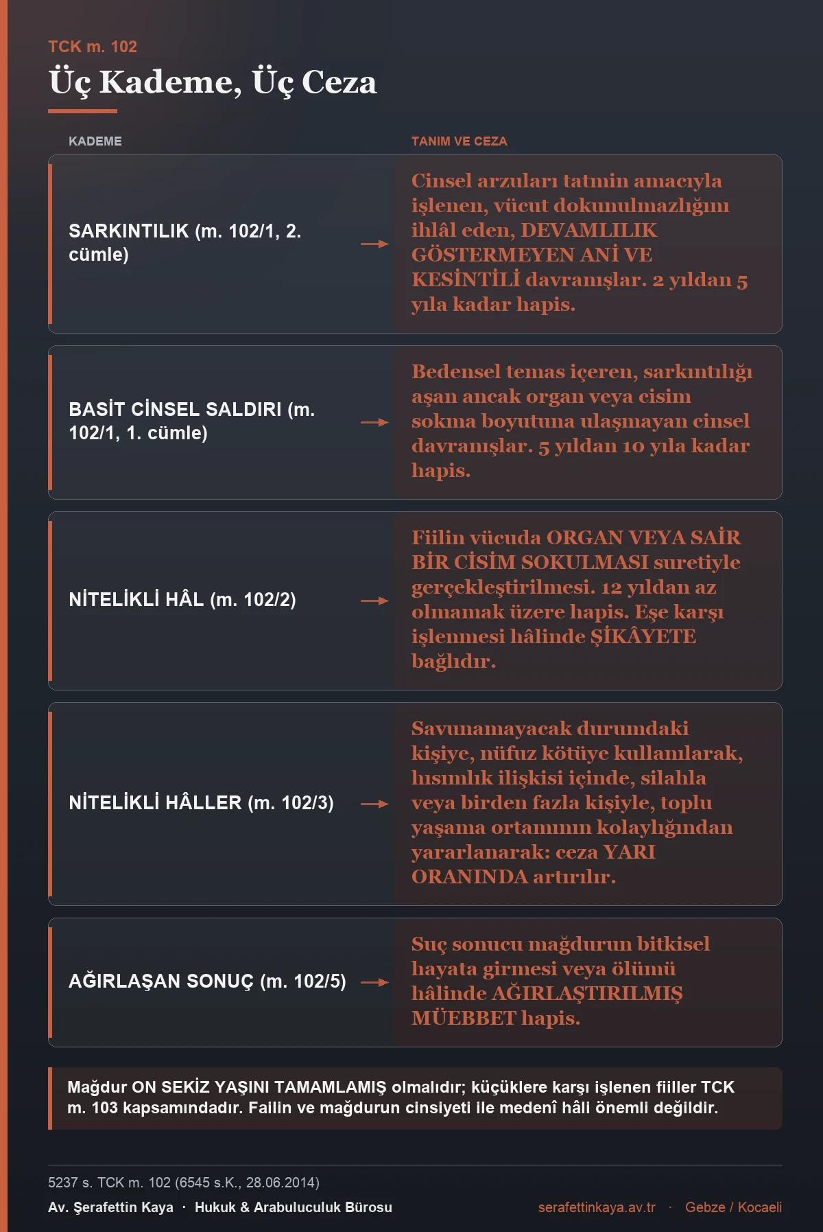 TCK m. 102'deki sarkıntılık, basit ve nitelikli cinsel saldırı kademelerini gösteren tablo.