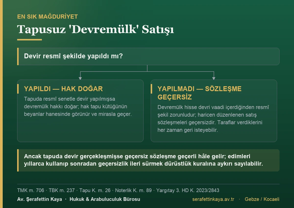 Devremülk devrinin resmî şekilde yapılıp yapılmamasına göre doğan sonuçları gösteren akış görseli.