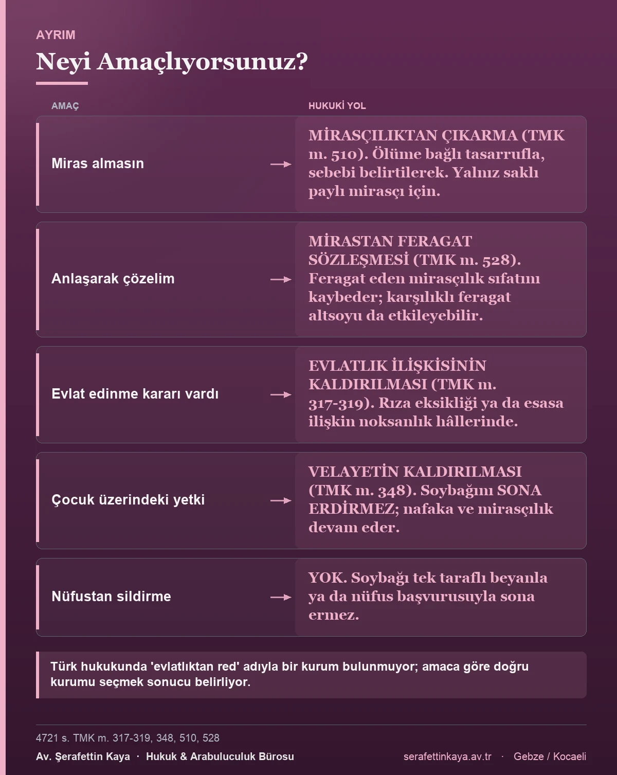 Evlatlıktan red ifadesiyle kastedilen amaçlara göre başvurulacak hukuki yolları gösteren tablo.