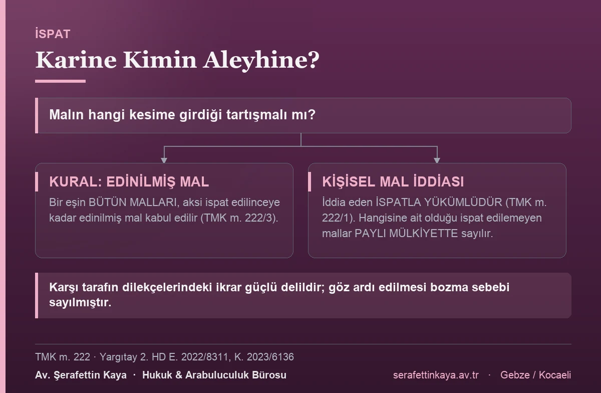 Mal rejiminde edinilmiş mal karinesi ve ispat yükünü gösteren akış görseli.