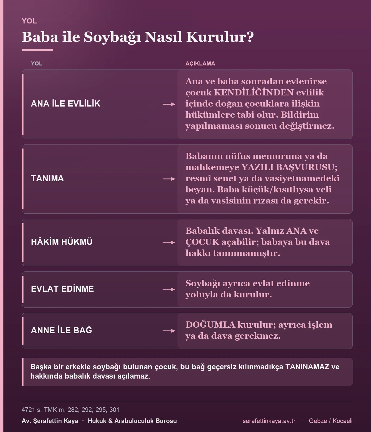 Baba ile çocuk arasında soybağının hangi yollarla kurulduğunu gösteren tablo.