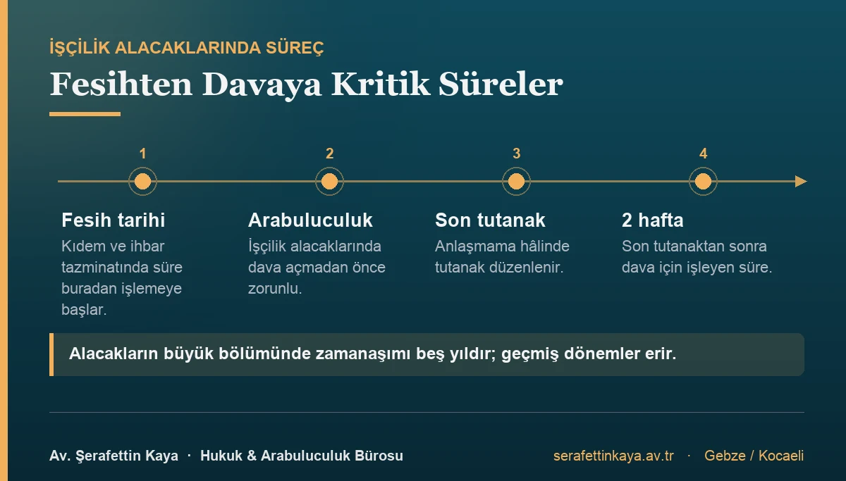 İşçilik alacaklarında süreç: fesih tarihi, zorunlu arabuluculuk, son tutanak ve dava için işleyen iki haftalık süre.