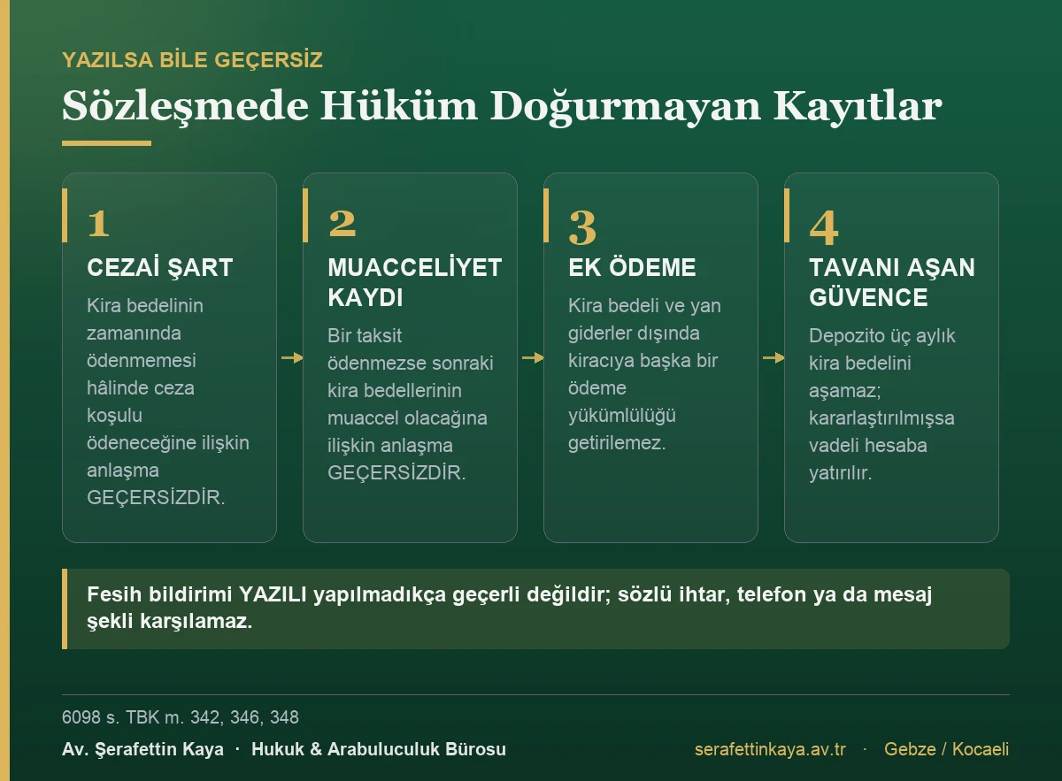 Konut ve çatılı işyeri kira sözleşmesinde yazılsa bile geçersiz sayılan kayıtları gösteren kart görseli.