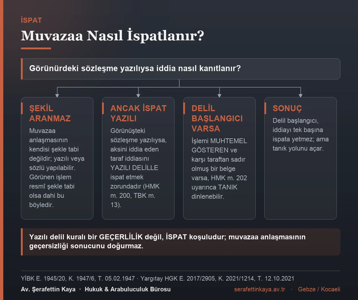 Muvazaa iddiasının yazılı delil ve yazılı delil başlangıcı ile nasıl ispatlanacağını gösteren akış görseli.