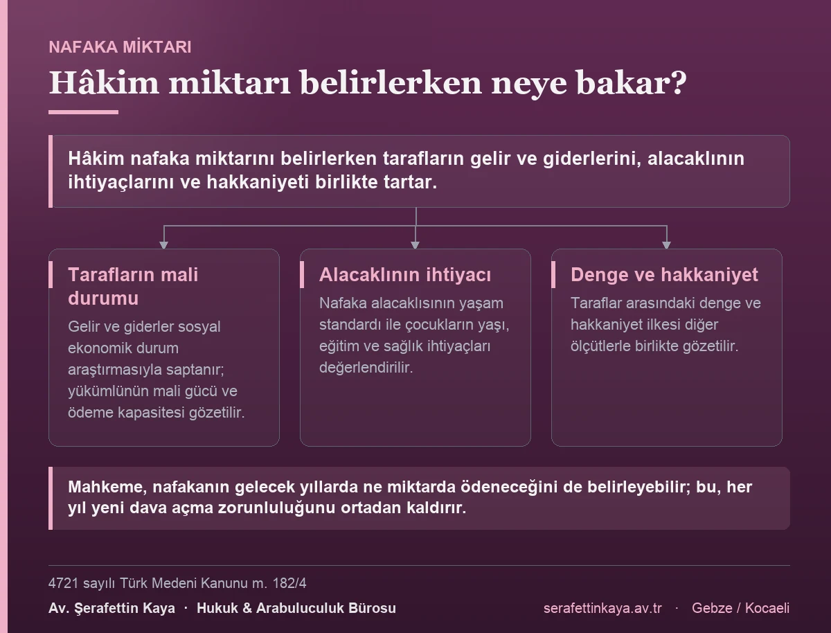 Hâkim nafaka miktarını belirlerken tarafların sosyal ekonomik durum araştırmasıyla saptanan gelir ve giderlerini, alacaklının yaşam standardı ile çocukların eğitim ve sağlık ihtiyaçlarını ve taraflar arasındaki hakkaniyet dengesini birlikte değerlendirir.