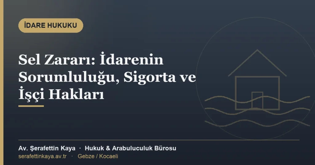 Sel zararı yazısının kapağı: ev silueti ve su dalgaları çizimi, başlık ve büro adı